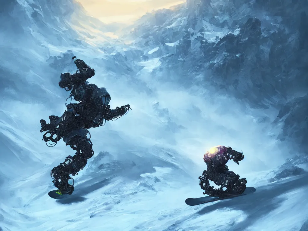 Prompt: A robot brain snowboarding in majestic mountains, intricate, elegant, fantasy, highly detailed, digital painting, concept art, sharp focus, illustration, beautiful volumetric lighting, epic light, artstation, magic hour lighting, colorful, dramatic