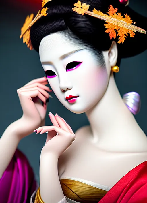 Prompt: sexy glamorous Geisha extreme closeup portrait, beautiful pale makeup, pearlescent skin, elegant pose, very detailed, highly detailed kimono, photorealism, sharp focus, photorealism, soft diffuse autumn lights, some sunlight ray, dark room wall, zen temple background, painted by Leonardo da vinci