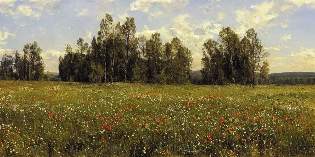 Image similar to summer wild flowers blooming in winter landscape, lush field, forest, river, matte painting, by Isaac Levitan and Vasily Perov