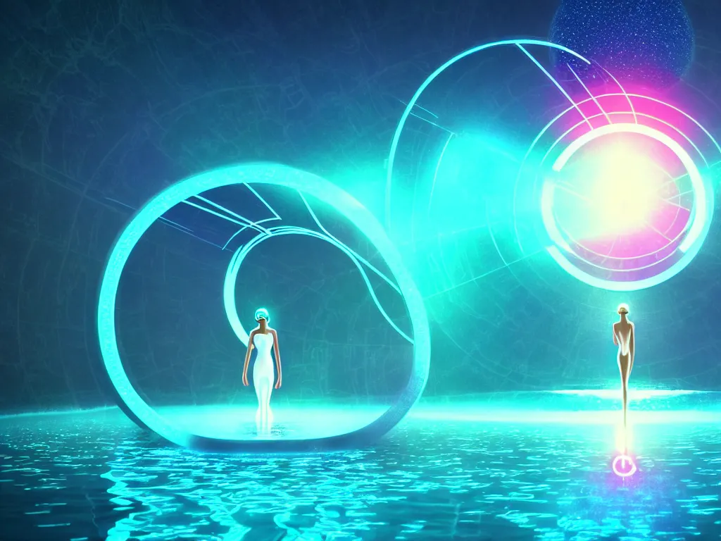 Image similar to beautiful artdeco digital illustration of one beautiful magical gleaming holographic portal to another world, in a lake, opening under the water, magical, ethereal, sci - fi, art, 8 k render octane high definition