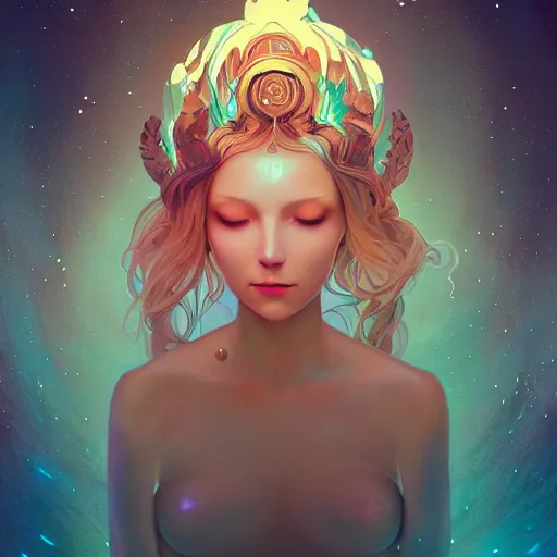 Image similar to Goddess of galaxies, ambient lighting, 4k, alphonse mucha, lois van baarle, ilya kuvshinov, rossdraws, artstation