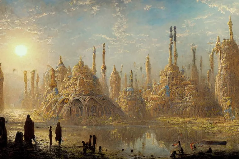 Image similar to detailed painting of a multiverse gateway in ancient mesopotamia in the middle of a sulphur lake, filigree ornaments, andreas achenbach, simon stalenhag