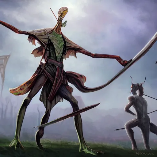 Prompt: full shot of green human-sized Mantis religiosa with 6 legs as a D&D mage; standing on hill with magic wand in one hand; big medival army in the background, archery, horses, catapults, swordmans; fantasy drawing; illustration; Artstation; 8k; wallpapers; cinematic art; cgsociety; art by Greg Rutkowski and Thomas Kinkade
