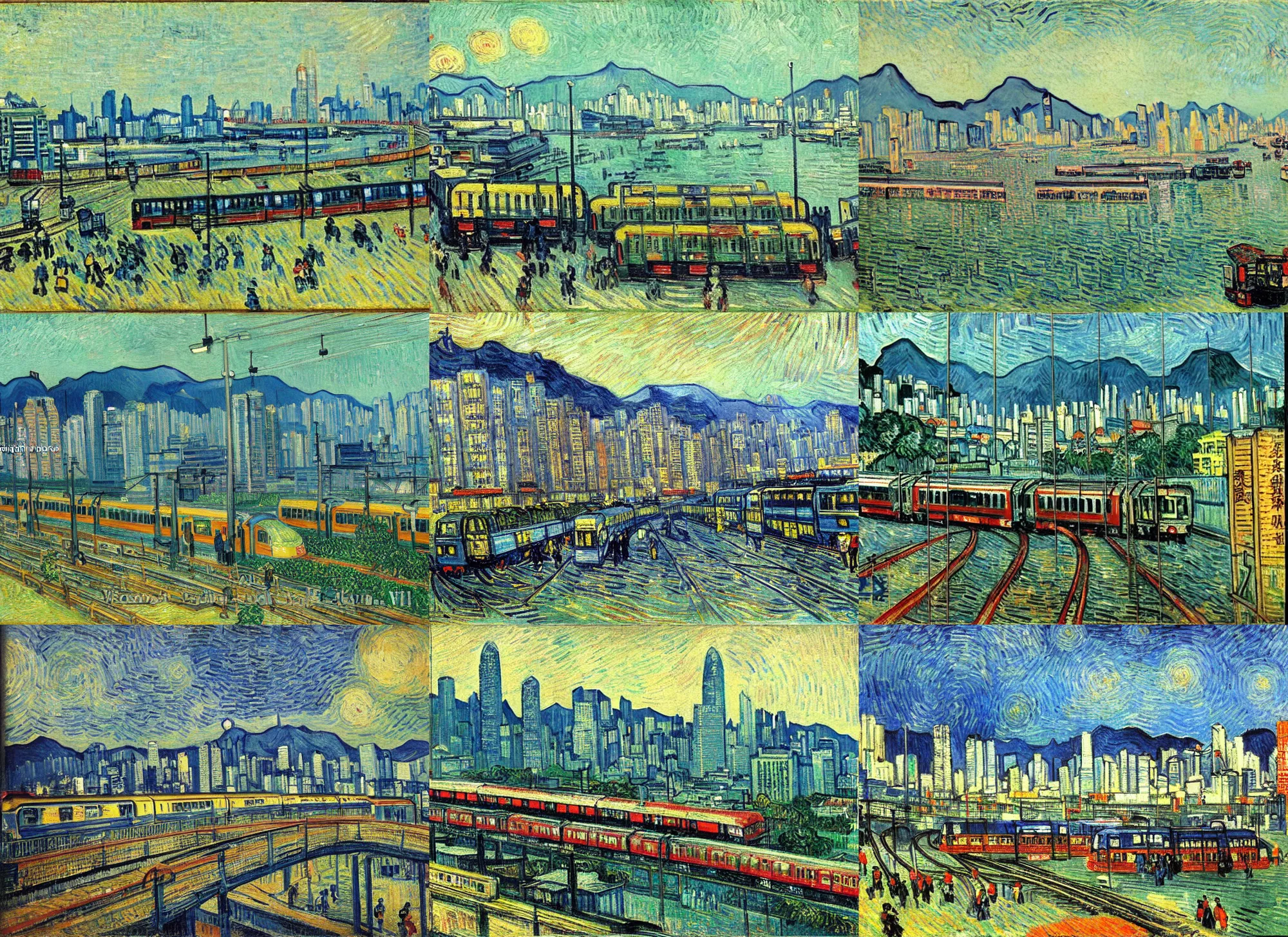 Prompt: the hong kong mass transit railway, sorrounded by skyscrapers, painting by van gogh, post impressionism