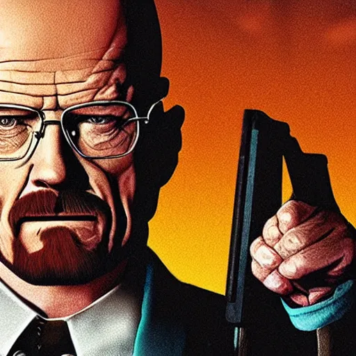 Prompt: Walter White is Gordon Freeman, wearing the HEV suit, wielding a crowbar ready to fight