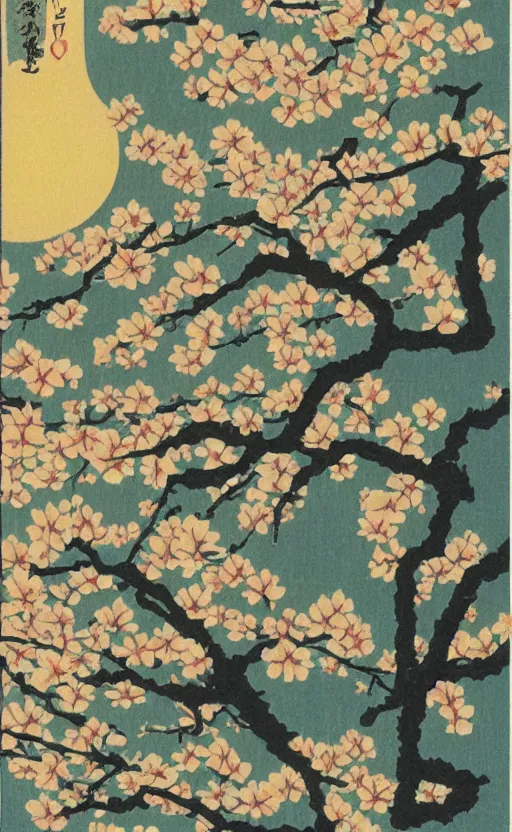 Prompt: by akio watanabe, manga art, the high sun in sky and blossoming blackthorn branch, trading card front, kimono, sun in the background
