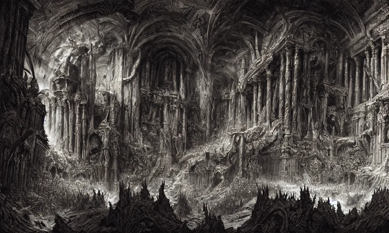 Image similar to A Spectacular IMAX View of the Infernal Court of the Kings of Hell, art by Gustav Dorê and Marc Simonetti and Giovanni Battista Piranesi