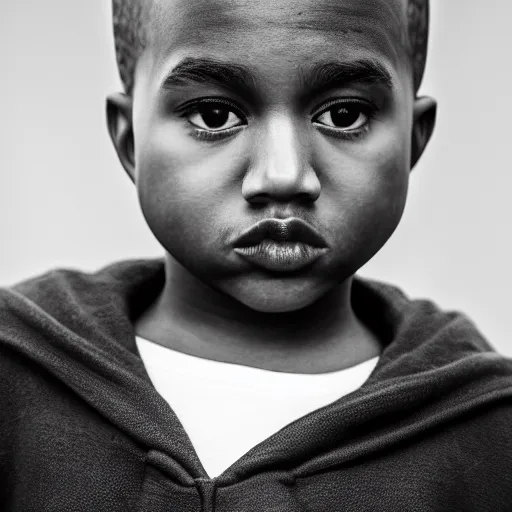 Prompt: the face of young kanye west wearing yeezy clothing at 8 years old, black and white portrait by julia cameron, chiaroscuro lighting, shallow depth of field, 8 0 mm, f 1. 8