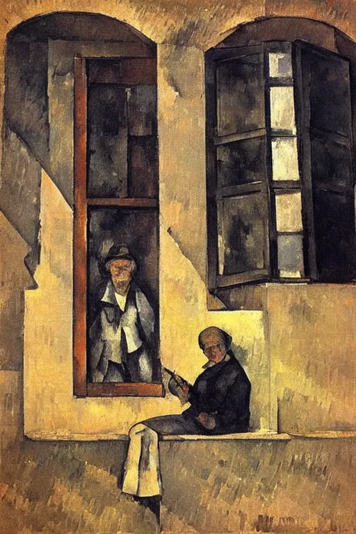 Image similar to an elderly and content italian woman leaning out of the window of an old building, smoking a cigarette, by paul cezanne, firenze, sunset, smooth, expressionist, gold, portrait