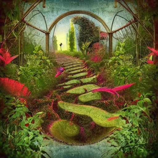 Prompt: overgrown abstract garden, very surreal in the style of christian schloe