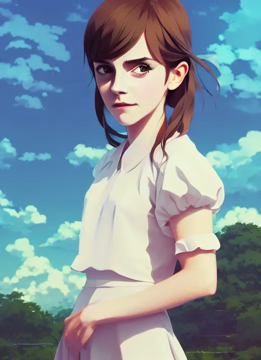 Image similar to portrait of a emma watson by ilya kuvshinov, cloudy sky background lush landscape illustration concept art anime key visual trending pixiv fanbox by wlop and greg rutkowski and makoto shinkai and studio ghibli