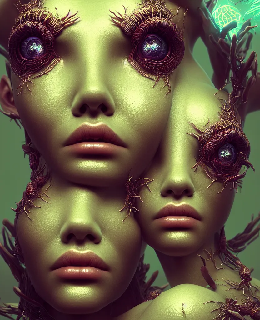 Image similar to goddess close-up portrait, giant spider queen, bioluminiscent, intricate artwork by Tooth Wu and wlop and beeple. octane render, trending on artstation, greg rutkowski very coherent symmetrical artwork. cinematic, hyper realism, high detail, octane render, 8k