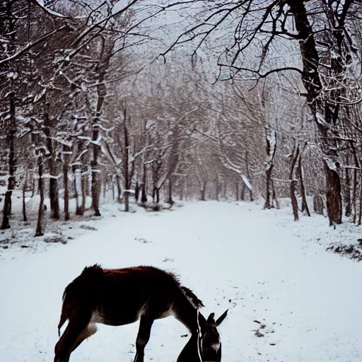 Image similar to photo of donkey walking through snow, cinestill, 800t, 35mm, full-HD