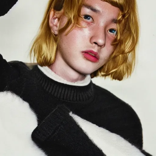 Prompt: realistic photoshooting for a new comme des garcons lookbook, color film photography, close up, photo of a blonde woman, photo in style of tyler mitchell, 3 5 mm,