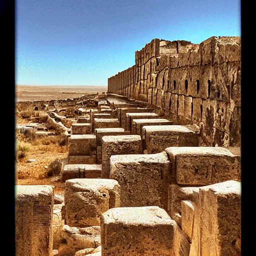 Prompt: Sprawling view of ancient Greek city walls in a searing desert; digital art