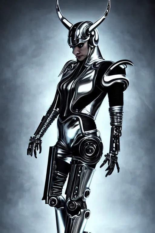 Image similar to chrome futuristic cyborg with curved metal horns, chrome motorcycle parts, dark art, full body, loki horns, diffuse lighting, fantasy, intricate, elegant, highly detailed, lifelike, photorealistic, digital painting, artstation, illustration, concept art, smooth, sharp focus, art by John Collier and Albert Aublet and Krenz Cushart and Artem Demura and Alphonse Mucha