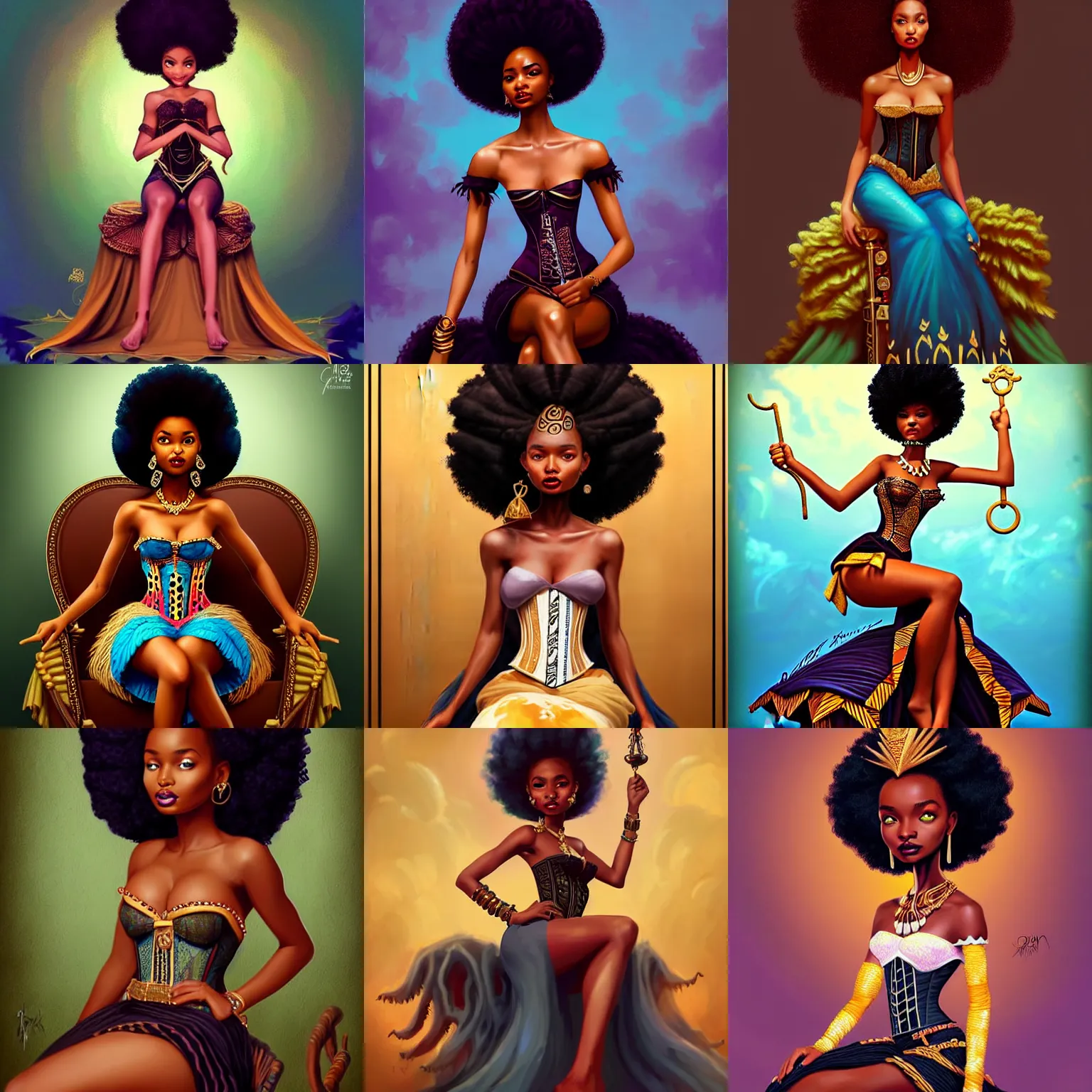 Prompt: african princess, inspired by yara shahidi with an afro, sitting on a throne pose, royality, wearing corset inspired by brom art, inspired by artgerm, character concept art by celinart.