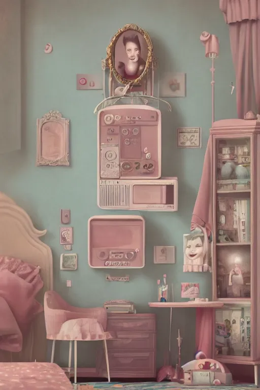 Prompt: portrait of a retro girl's room 1 9 5 0 s, depth of field, zeiss lens, detailed, symmetrical, centered, fashion shoot, by nicoletta ceccoli, mark ryden, lostfish, stunning, 8 k resolution, extremely detailed, beautiful, establishing shot, artistic, hyperrealistic, octane render