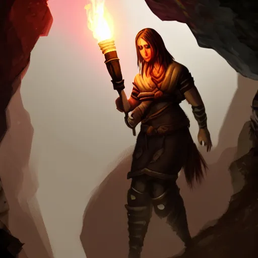 Image similar to a epic hero adventurer holding a torch in a dark cave, artgerm, realistic, cryengine, symmetric