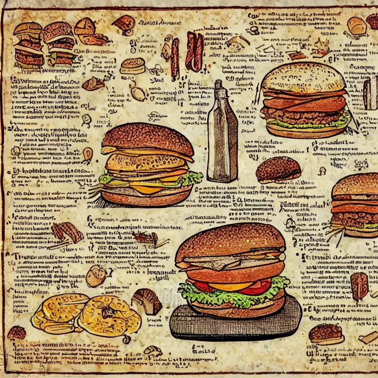 Image similar to middle age illustrated recipe for hamburger ( ( ( ( a bigmac hamburger ) ) ) ) lot of medieval enluminures in the background, explaining the recipe, schematic in a notebook