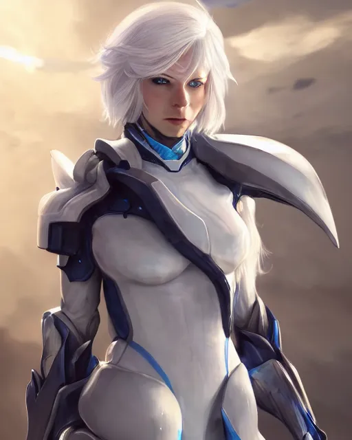 Prompt: perfect white haired girl, warframe armor, beautiful, pretty face, blue eyes, detailed, windy weather, scifi, smiling, platform, laboratory, experiment, 4 k, ultra realistic, epic lighting, glow, high detail, masterpiece, by akihito tsukushi, charlie bowater, ross tran