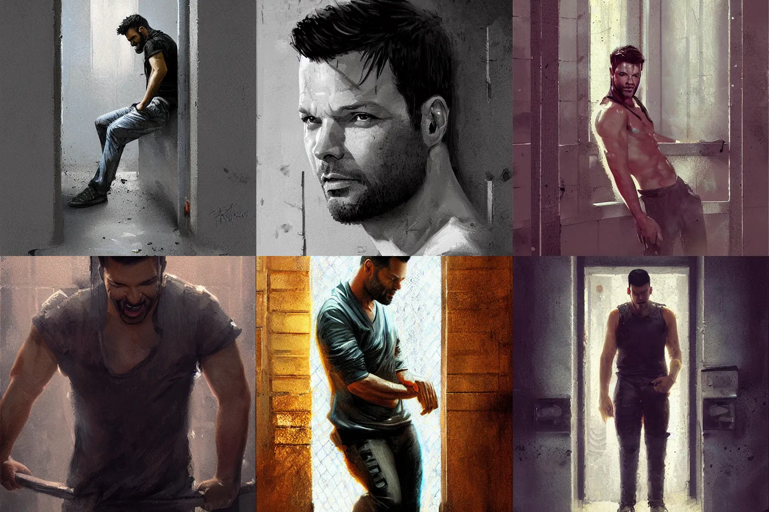 Prompt: ricky martin in jail behind bars by greg rutkowski