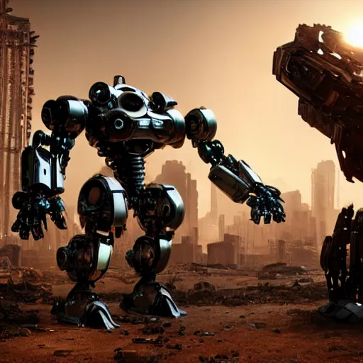 Prompt: a shiny ornate boxing humanoid mecha in ruin city, victory, bright, by war robots, real steel ( 2 0 1 1 ), westworld and eve venture and pacific rim and machine warrior 5, cryengine, frostbite 3 engine, vibrance color, sharp focus, 8 k, high definition, insanely detailed, soft lighting, smooth face