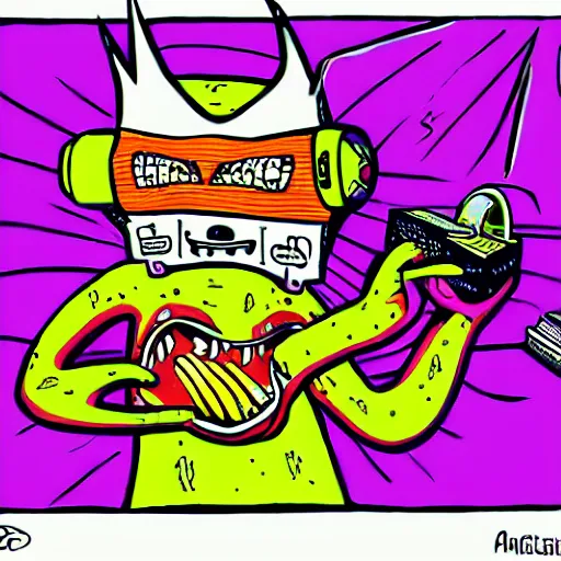 Prompt: pop - wonder - nft demon listening to music, giant speakers, headphones, the goopy - muck hand - drawn vector, svg, by artist todd macfarlane, amazing comic - style - pen - and - ink - with - full - color, cult - classic - comic - style