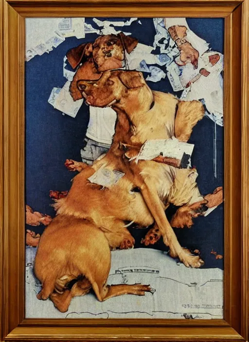 Image similar to a norman rockwell painting of an exploding dog