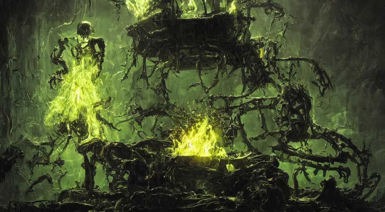 Image similar to A highly detailed oil painting by Greg Rutkowski of a skeleton wearing black robes making a potion in a huge bubbling cauldron glowing bright green, with lots of fire coming from it, highly detailed fantasy concept artwork, very realistic, green and black color scheme.