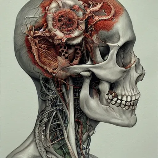 Image similar to Painting, Creative Design, Human Skull, Biopunk, Body horror, by Marco Mazzoni