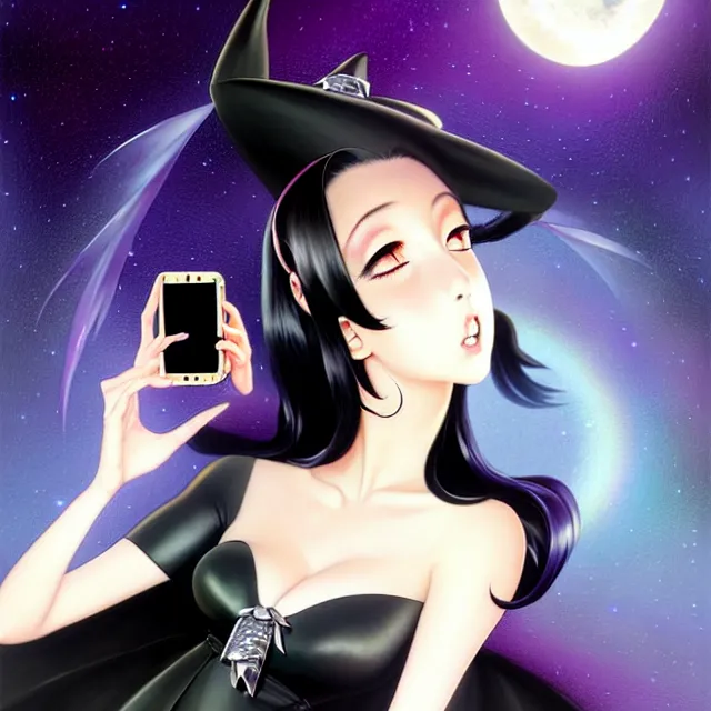 Image similar to epic professional digital art Manga Key visual of a stunningly attractive witch with straight black hair in a sparkly silver dress looking at her iphone, office background, by Gil Elvgren and Dorian Cleavanger, best on artstation, cgsociety, wlop, Behance, pixiv, cosmic, epic, stunning, gorgeous, much detail, much wow, masterpiece