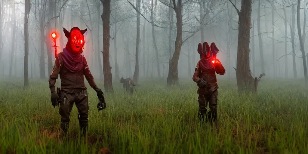 Image similar to detailed miniature diorama of a beautifully strange a gamekeeper wearing a solarpunk mechanical fluorescent mystical animal mask and red hoods. walking in the misty swamp. in style of fornite game. award winning. dramatic. trending on artstation. high quality. rendered by beeple, digital art, unreal engine 5, fornite game. octane render