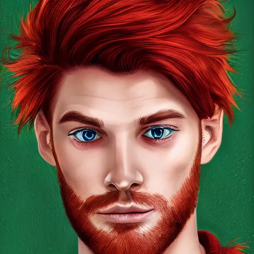 Prompt: professional digital art of a man with natural red hair and green eyes, popular, attractive, high quality, highly detailed, hd, 4 k, 8 k,