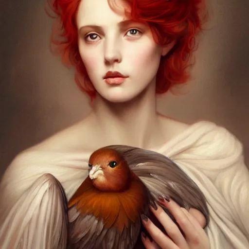 Prompt: a painting of a woman holding two birds, a character portrait by charlie bowater, featured on deviantart, pre - raphaelitism, pre - raphaelite, wiccan, deviantart