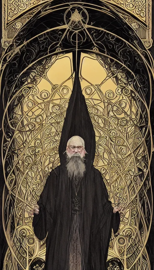 Image similar to one old man wore a black cloak, a black cloak and a white beard, highly detailed, very intricate, art nouveau, gold filigree, left right symmetry, tarot concept art watercolor illustration by mandy jurgens and alphonse mucha and alena aenami, featured on artstation