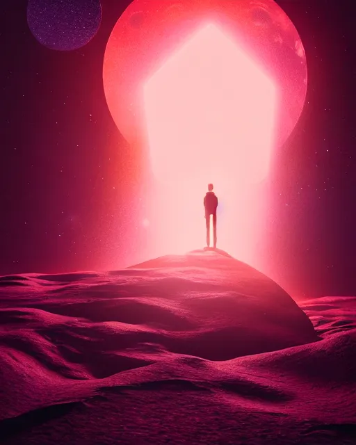 Image similar to a person standing in front of a glowy open door that's on a barren moon, poster art by mike winkelmann, trending on cg society, space art, sci - fi, ue 5, futuristic, volumetric lighting