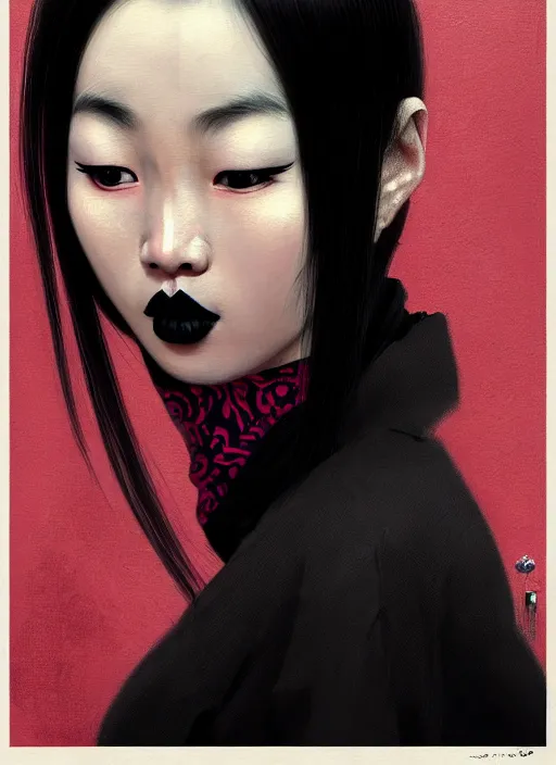 Image similar to portrait of an asian woman with a crooked nose and a confident expression, 1 9 6 0 s, black clothes, goth, punk, brightly coloured hair, funk, intricate, elegant, highly detailed, digital painting, artstation, concept art, smooth, sharp focus, illustration, art by wlop, mars ravelo and greg rutkowski