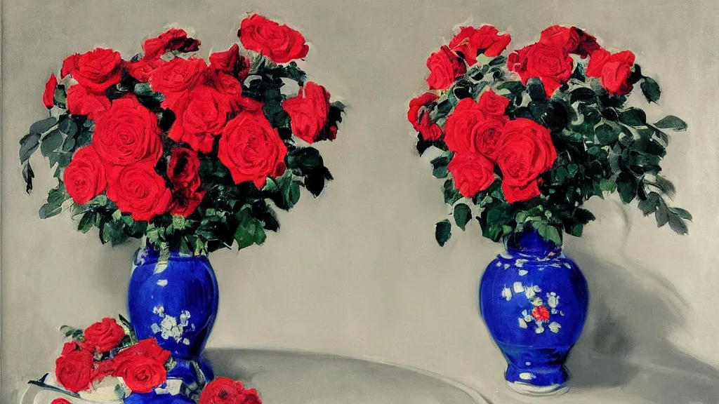 Image similar to portrait of rebekah delrio in lynch pattern, big persian detailed pot of red roses, blue and red lights painted by john singer sargent