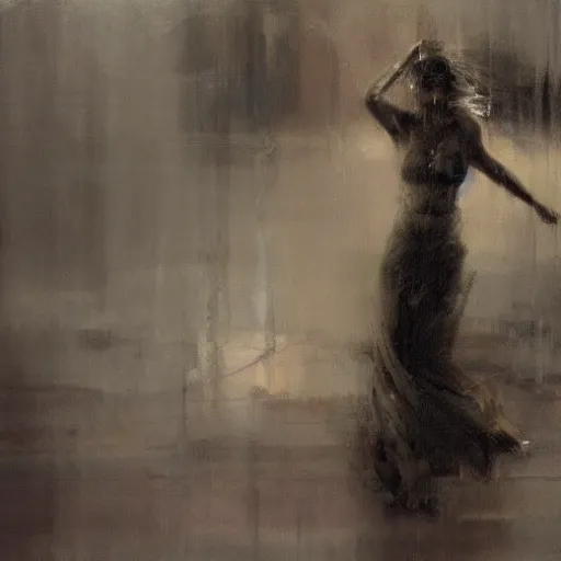 Prompt: full length portrait of a beautiful goddess, dancing in the rain, by Jeremy Mann, detailed, stylized, loose brush strokes, intricate, realistic, exaggerated lighting, sense of scale, free, melancholy