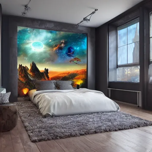 Prompt: a cozy bedroom interior with wall murals of incredible fantasy space art, detailed, high resolution, wow!, intricate, volumetric lighting, raytracing