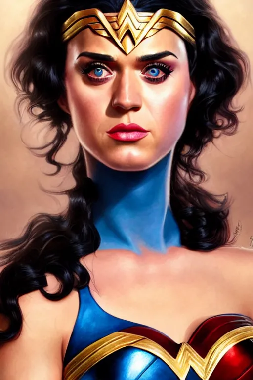 Image similar to katy perry as wonder woman, realistic portrait, symmetrical, highly detailed, digital painting, artstation, concept art, smooth, sharp focus, illustration, cinematic lighting, art by artgerm and greg rutkowski and alphonse mucha