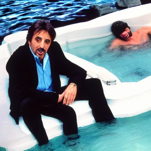 Prompt: al pacino as scarface, sitting in a hot tub, smiling in front of a computer monitor, a xbox console floats in the water nearby