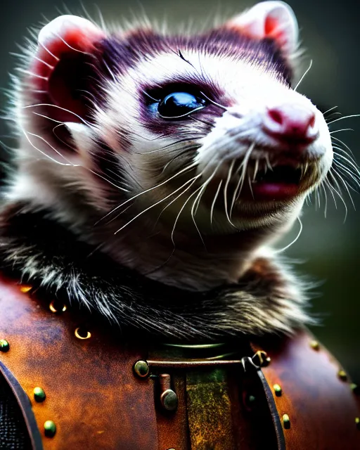 Image similar to ferret warrior, furry, fantasy, viking, high detailed, photography, cloudy, lightweight leather armour, scandinavia, plain, detailed face, look into the distance, serious face, full body, in helmet, in full growth, professional photographer, masterpiece, 5 0 mm, extremely detailed, digital art 8 k