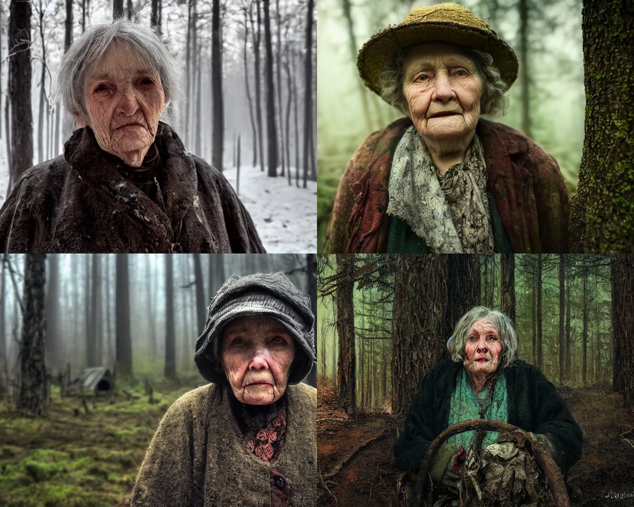 Image similar to close up portrait of an old woman with sinister face and dirty clothes standing outside of an old cabin, forest in the background, bokeh, depth of field, dramatic lighting, cinematic, vivid colors, matte painting, digital painting style, John Atkinson Grimshaw color scheme