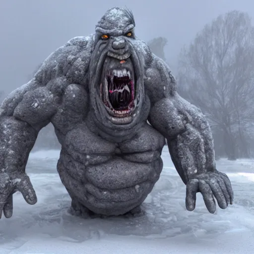 Prompt: bulky, warped mutant ogre-like being in drab garb trudges through snowdrifts and frozen bodies towards a grim and certainly inescapable fate. the environment has been sucked dry of all traces of joy, honor, and purpose; only hopelessness remains. the grotesque subject has only known this desperate life; numb to the frigid cold from frostbite. life expectancy is depressingly low in this world