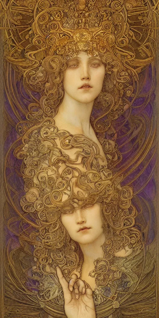 Image similar to portrait burning saint face, venus, athena, halo, by alphons mucha and annie swynnerton and jean delville, strong dramatic cinematic lighting, ornate headdress, flowing robes, spines, flowers, stars, lost civilizations, smooth, sharp focus, extremely detailed, marble, molten gold, space