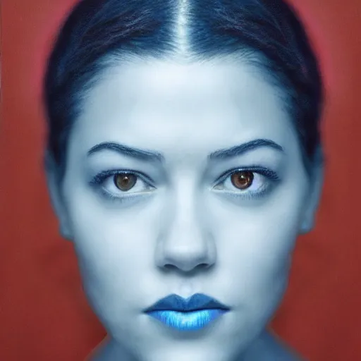 Image similar to a masterpiece portrait photo of a beautiful young woman who looks like a blue skinned mary elizabeth winstead, symmetrical face