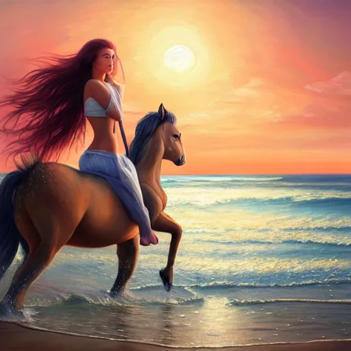 Prompt: a painting of a young woman, riding a wild horse in the beach, at sunset, high quality oil painting artstyle, feminine, delicate, hyperdetailed, in the style of anna dittmann, deviantart, figurative art, deviantart, ilya kuvshinov, lovecraftian, very detailed face, portrait