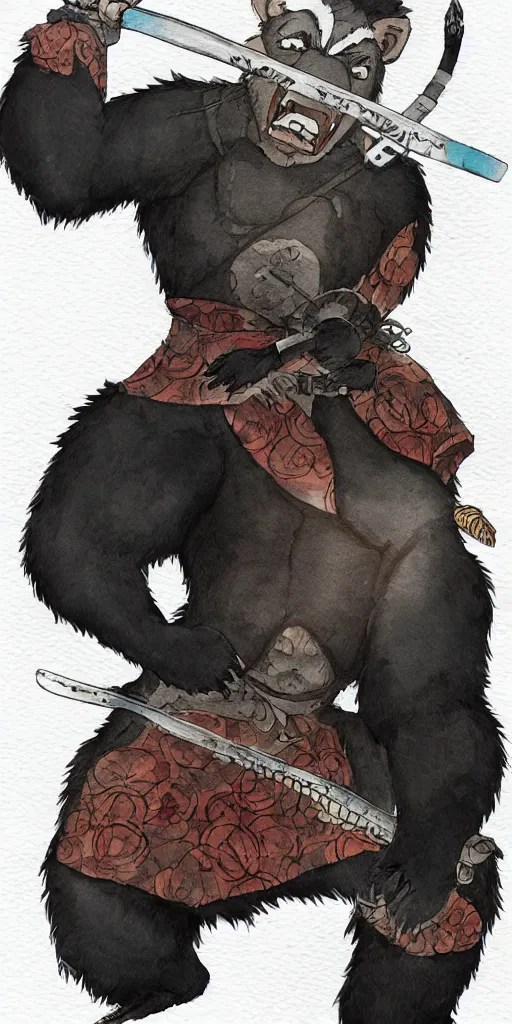 Image similar to anthropomorphic, half man half asian black bear, black bear samurai, Moon Bear Samurai, epic, samurai, illustration, watercolor, in the style of Studio Ghibli, Hayao Miyazak